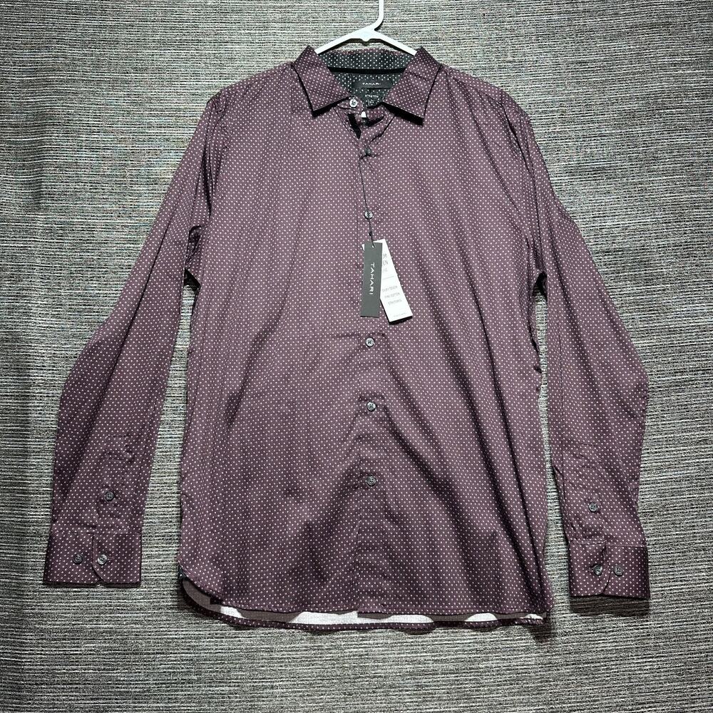 Tahari Button Up Dress Shirt Men's L Purple Geometric Bordeaux Stretch Silky
